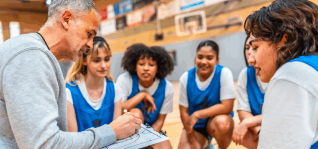 Coach & player huddle with clipboard.