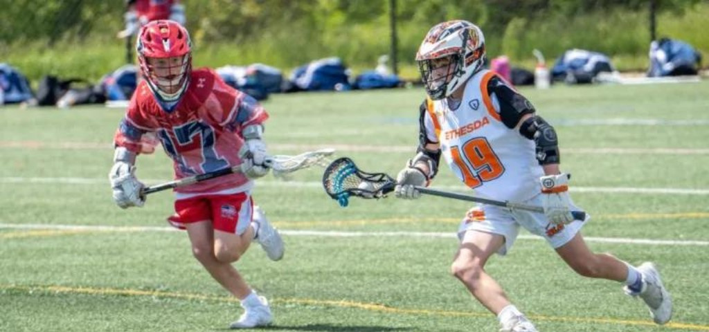 Lacrosse players running on the field.