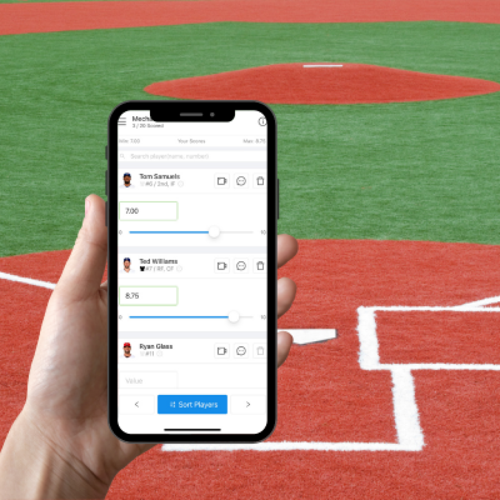 Baseball coach scoring players on digital evaluation tool.