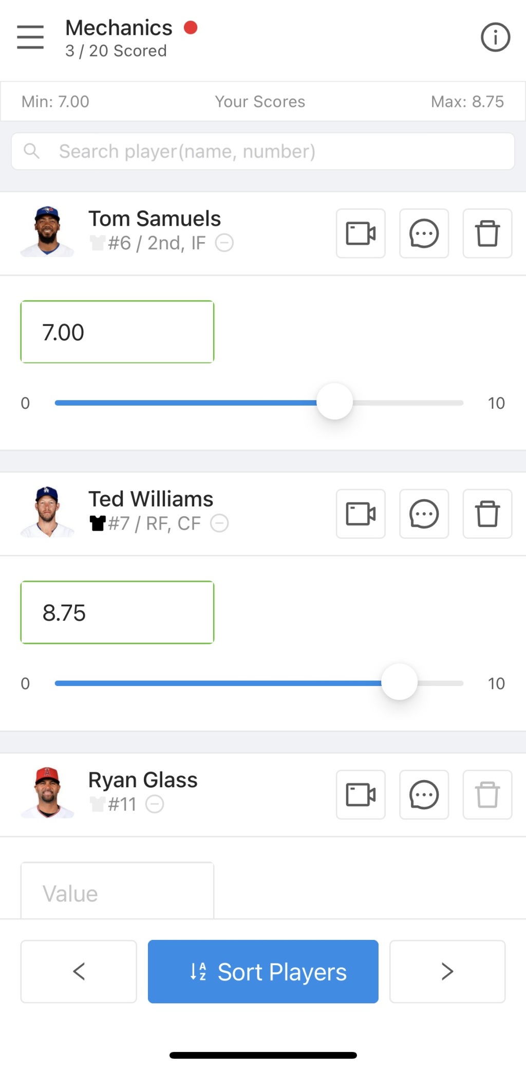 Score players on athlete evaluation app.
