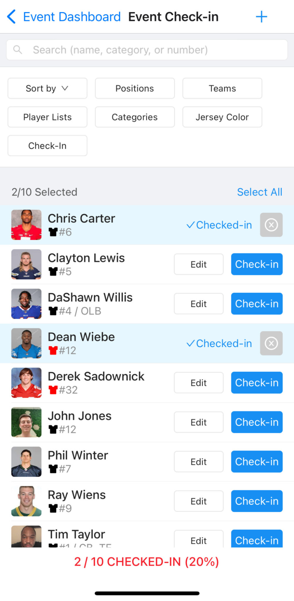 Player check-in feature in sports evaluation app.