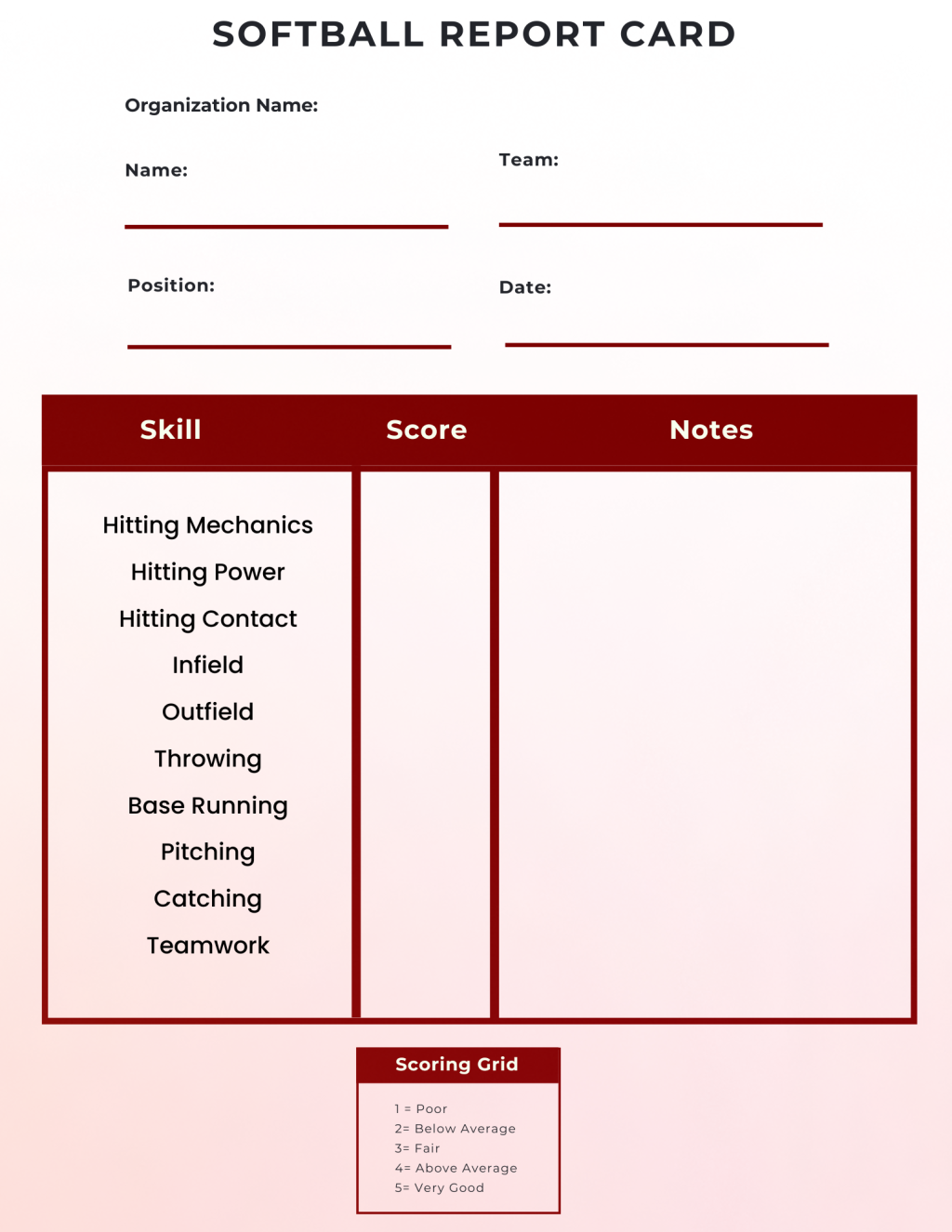 Softball report card.