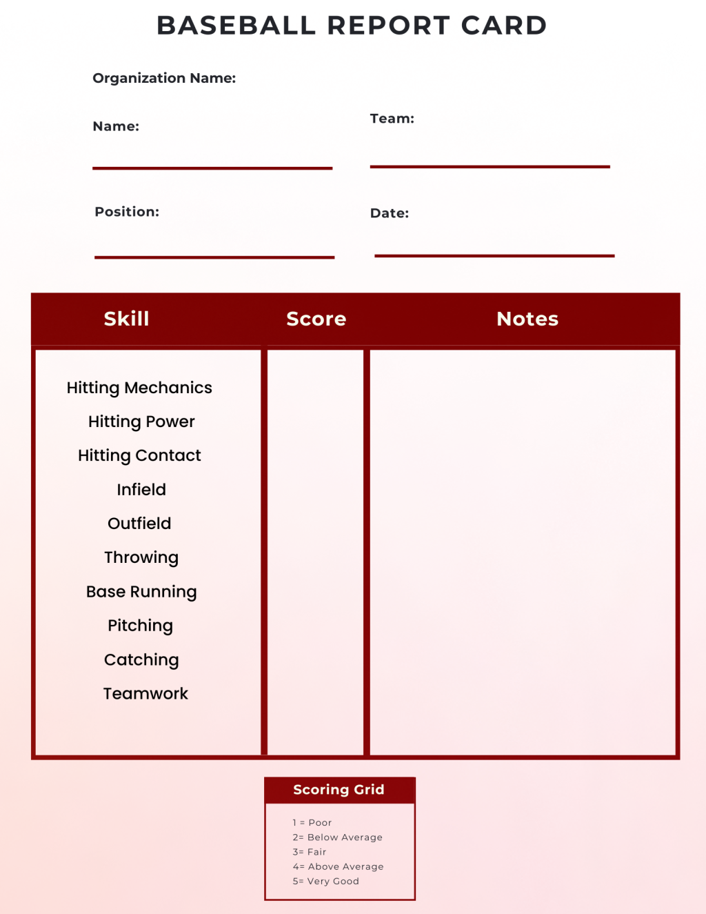 Baseball report card.