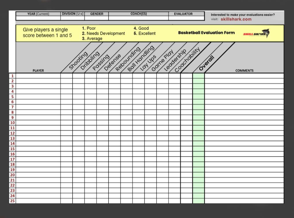 Basketball evaluation form.