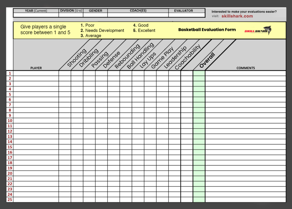 Basketball evaluation form.