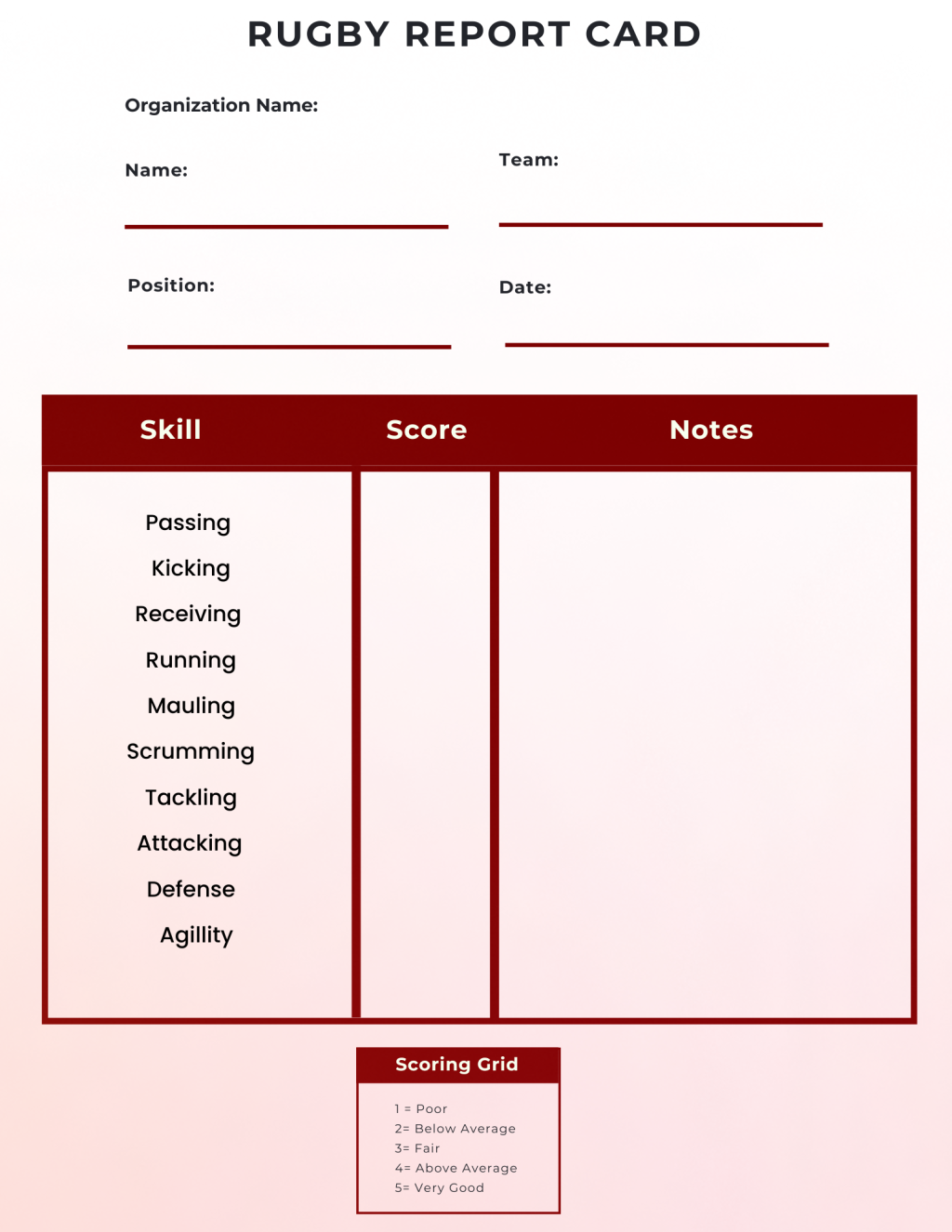 Rugby player report card.