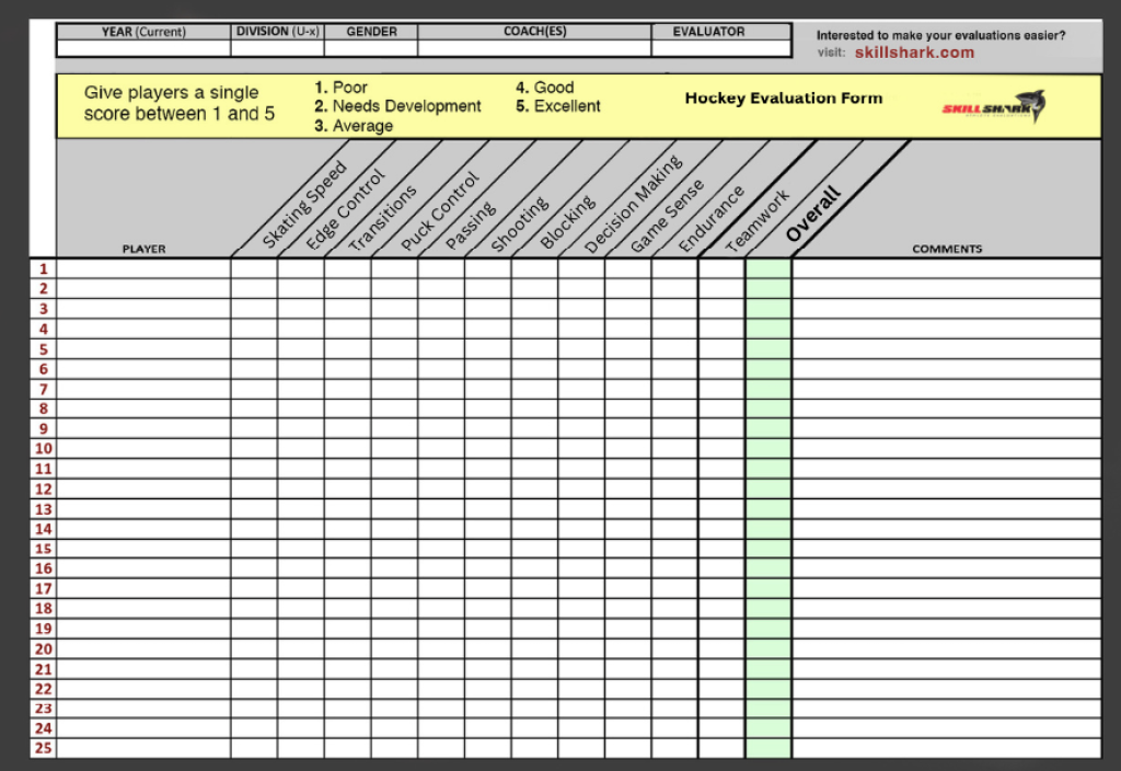 Hockey evaluation form.