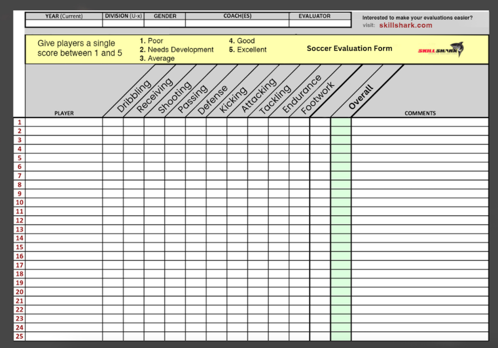 Soccer evaluation form.