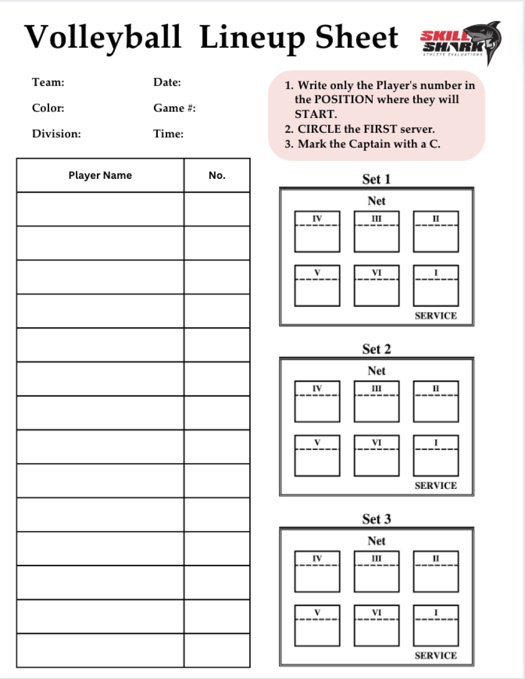 Volleyball line up sheet.