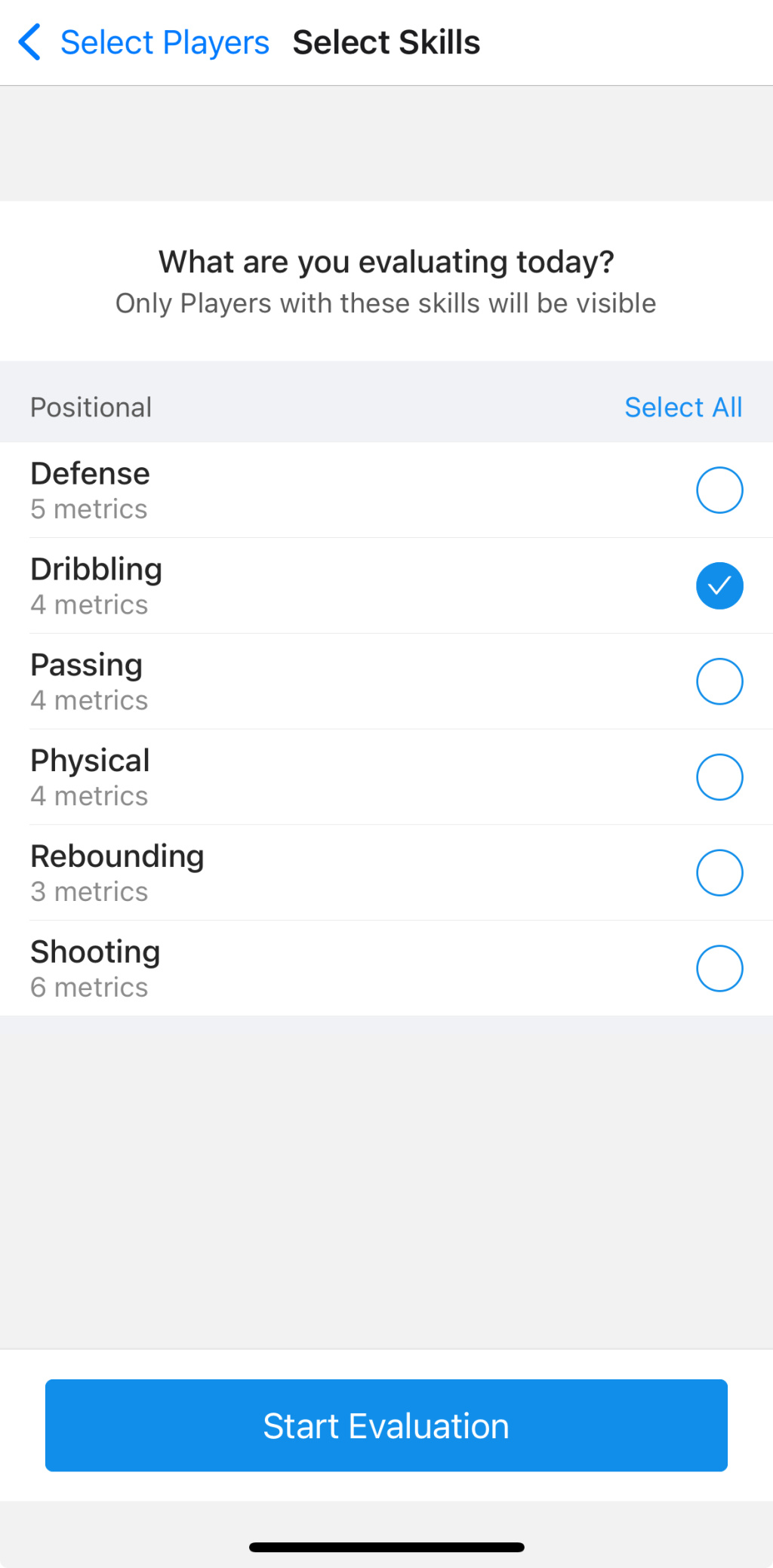 Select skills to assess athletes.