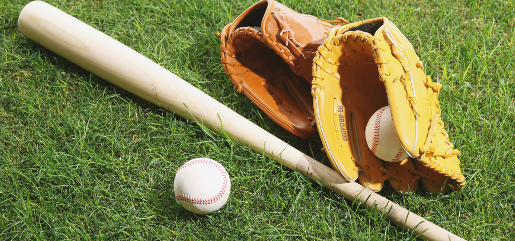 Softball equipment on field.