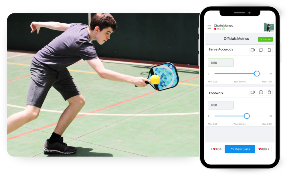 Coach scoring pickleball players on mobile evaluation app during tryouts.